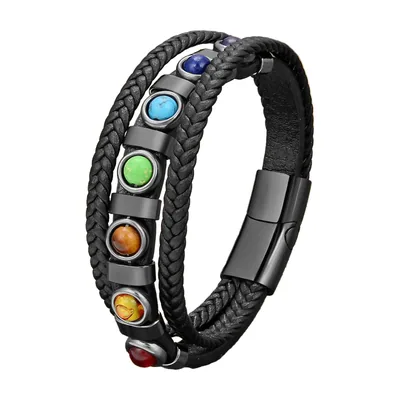 Bracelet en Cuir Tressé Chakra Style Bohème, Acier Inoxydable