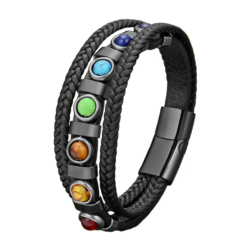 Bohemian Chakra Lederarmband geflochten, Edelstahl
