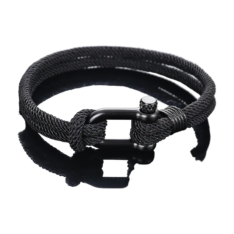 Bracelet en corde tressée style nautique avec manille, acier inoxydable