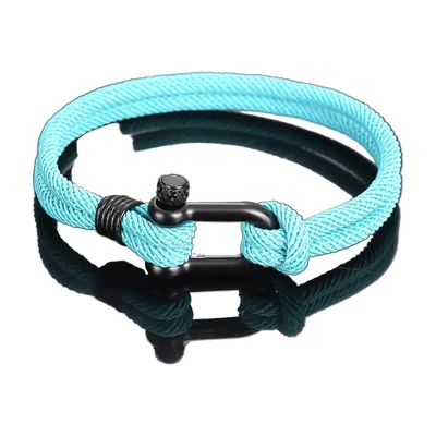 Bracelet en corde tressée style nautique avec manille, acier inoxydable – Bleu