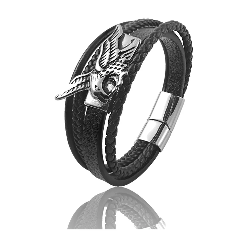 Braided Leather Bracelet with Eagle Motif, Stainless Steel