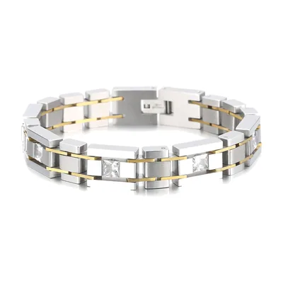Bracciale a Maglie Bicolore con Zirconi, Acciaio Inossidabile