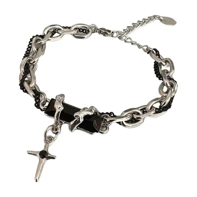 Bracciale a Catena Gotico con Croce e Pietre Nere, Acciaio Inossidabile