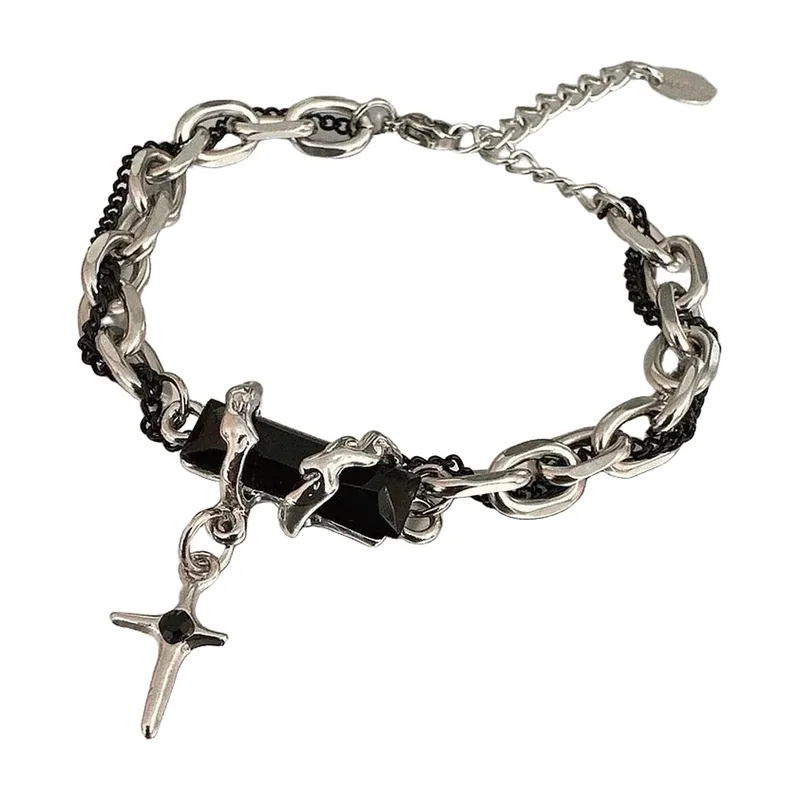 Bracciale a Catena Gotico con Croce e Pietre Nere, Acciaio Inossidabile