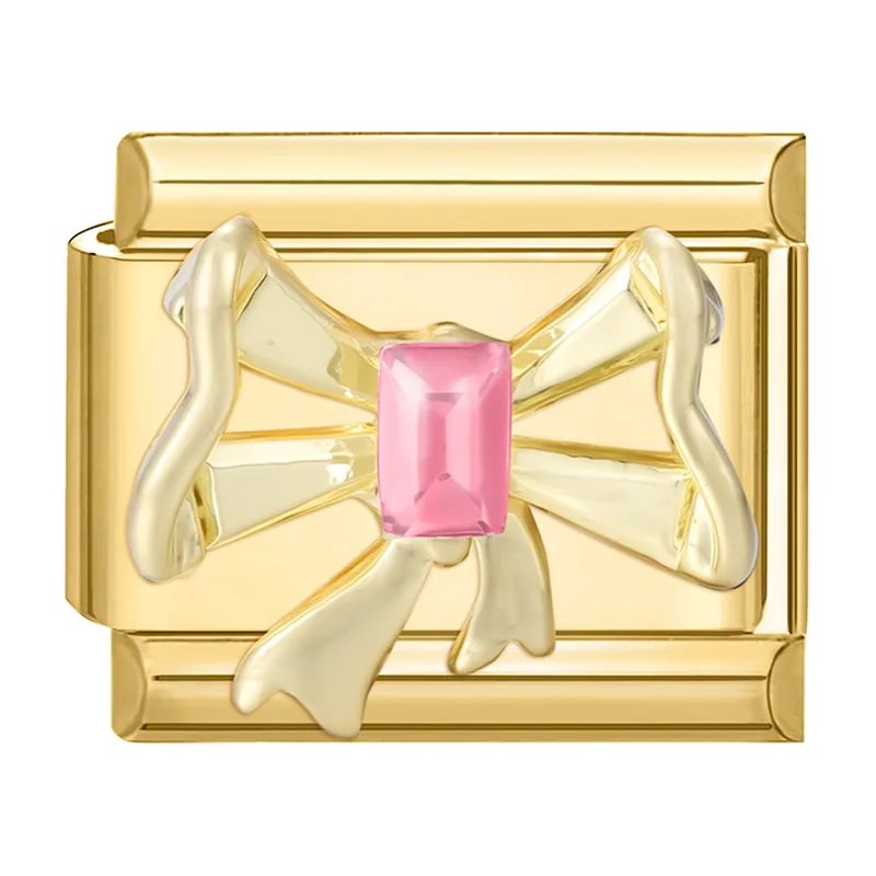 Bow Motif Link Bracelet with Pink Zirconia, Stainless Steel