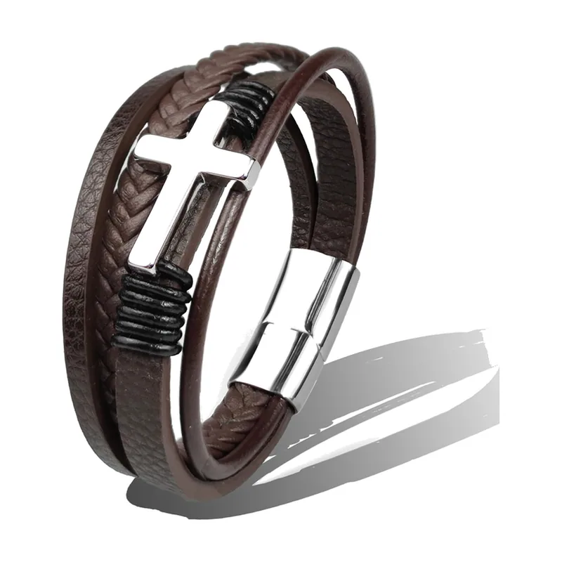Braided Leather Wrap Bracelet with Cross Charm, Stainless Steel