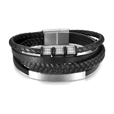 Bracciale Wrap in Pelle Intrecciata e Acciaio Inox