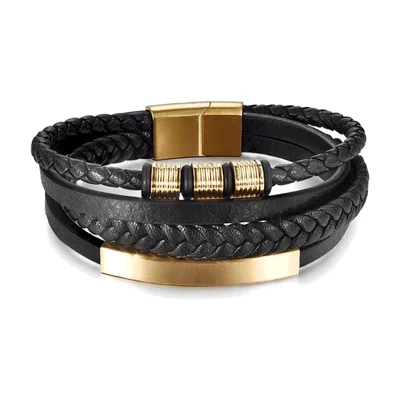 Bracciale Wrap in Pelle Intrecciata con Chiusura Magnetica, Acciaio Inox