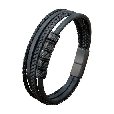 Bracciale Wrap in Pelle Intrecciata con Chiusura Magnetica, Acciaio Inox