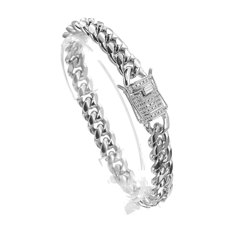 Bracelet Chaîne Cubaine avec Fermoir Zirconia, Acier Inoxydable