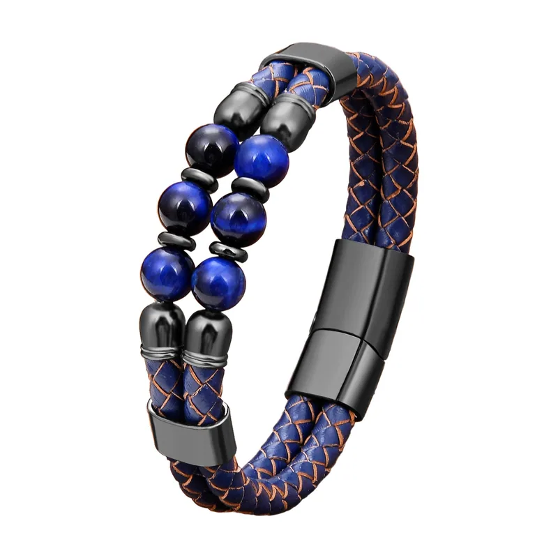 Geflochtenes Lederarmband mit Tigerauge-Perlen, Edelstahl