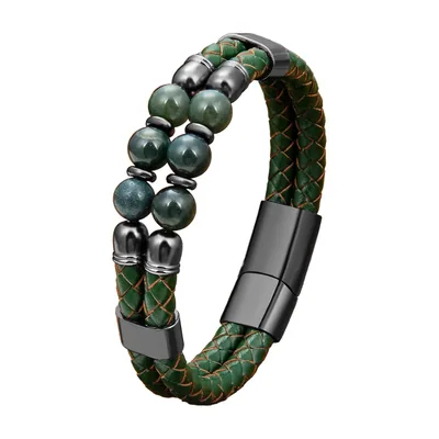 Bracciale in pelle intrecciata e perle di occhio di tigre, acciaio inossidabile