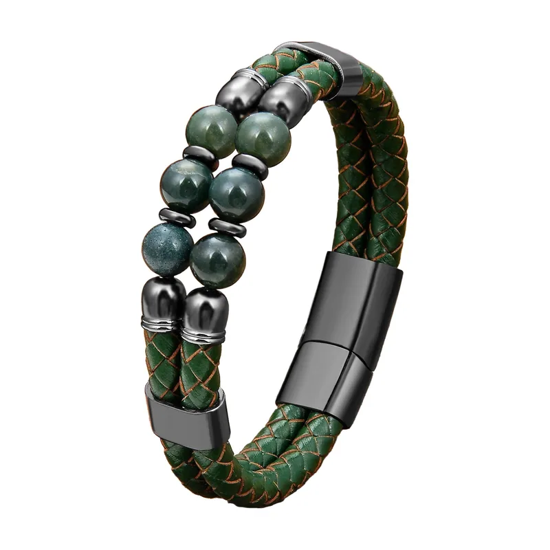 Tigerauge Perlenarmband mit geflochtenem Leder, Edelstahl