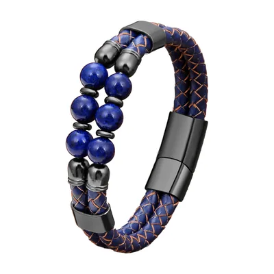 Bracciale in pelle intrecciata con perle di occhio di tigre, acciaio inossidabile