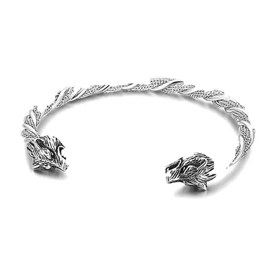 Wikinger Armreif mit Wolfskopf und Kordel-Design, Edelstahl