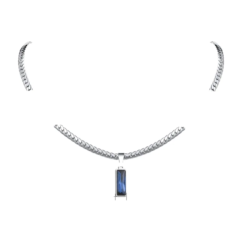 Geometric Rectangle Pendant Necklace with Blue Stone, Stainless Steel