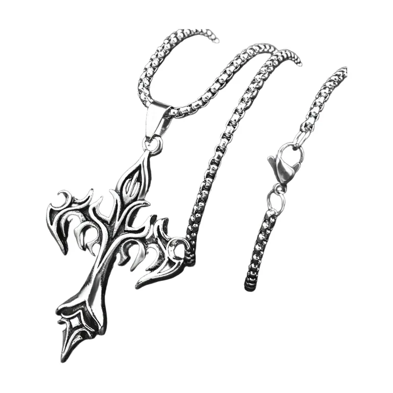 Flammenkreuz Anhänger mit Kugelkette, Edelstahl
