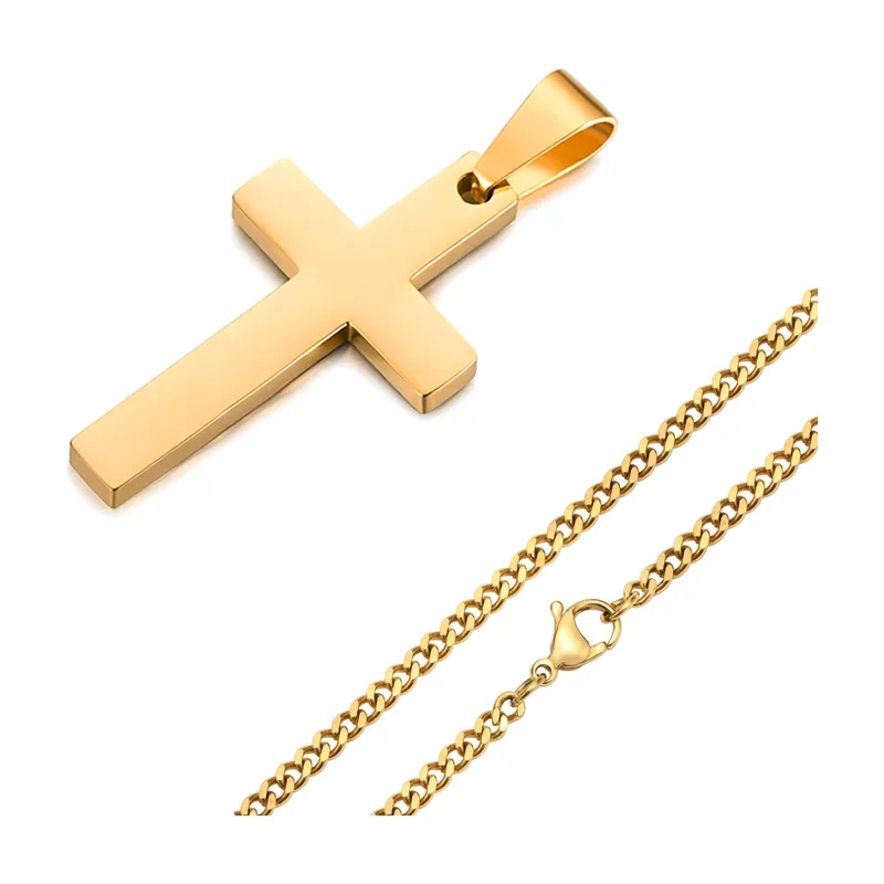 Collana con Pendente a Croce e Catena Curb, Acciaio Inossidabile