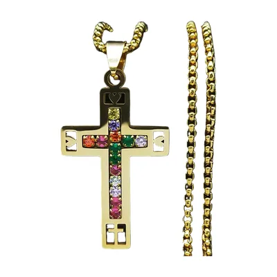 Halskette mit Sankt Benedikt Kreuz und bunten Steinen, Edelstahl