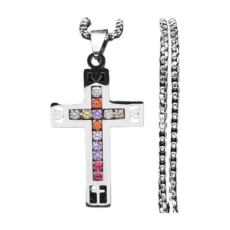 Colgante de Cruz con Circonitas Multicolores, Acero Inoxidable