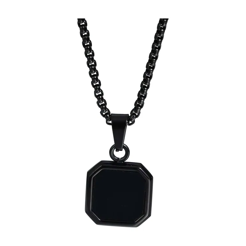 Collier Pendentif Carré avec Émail Noir, Acier Inoxydable