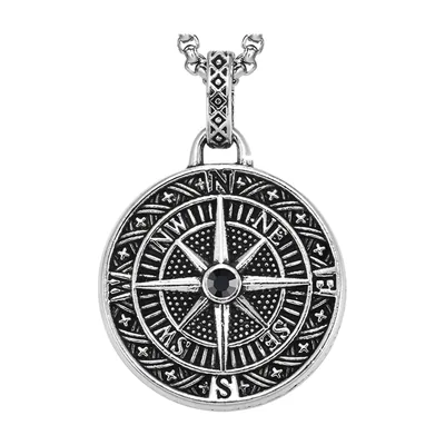 Kompass-Medaillon Anhänger mit Zirkonia, Edelstahl