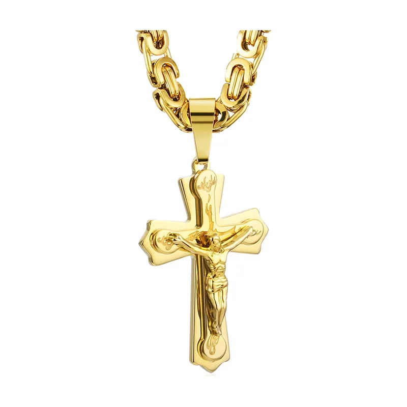 Pendentif Crucifixe avec Chaîne Byzantine, Acier Inoxydable