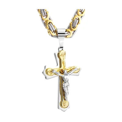 Kruzifix Anhänger mit Byzantinischer Kette, Edelstahl
