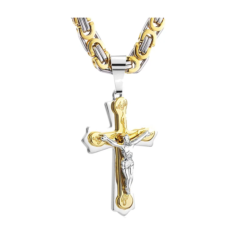 Colgante de Crucifijo con Cadena Bizantina, Acero Inoxidable