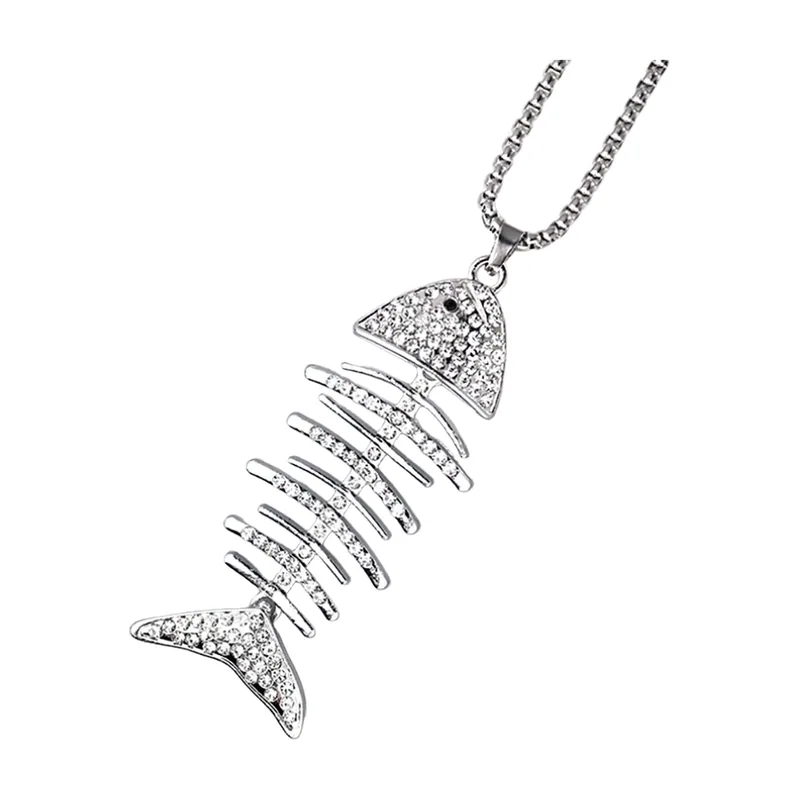 Collier Pendentif Arête de Poisson avec Zirconium, Acier Inoxydable