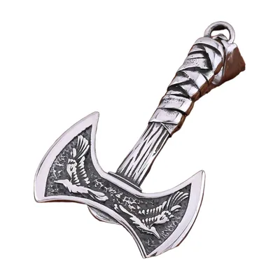 Viking Axe Pendant with Odin's Ravens, Stainless Steel