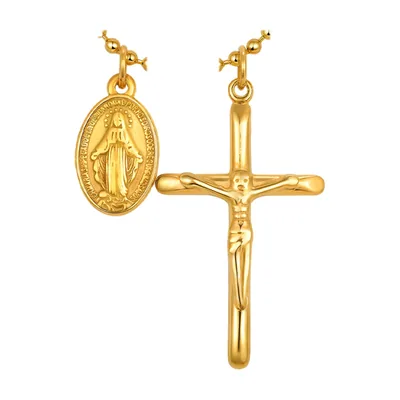 Pendentif Crucifix et Vierge Marie avec Chaîne à Billes, Acier Inoxydable