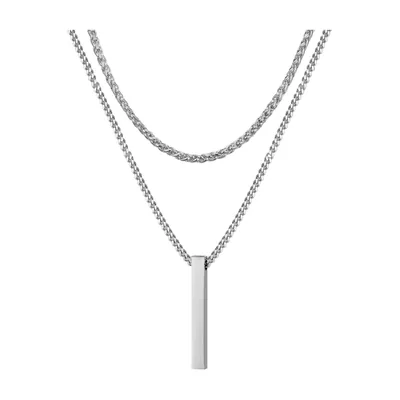 Pendentif Barre Verticale Géométrique et Chaînes Superposées, Acier Inoxydable