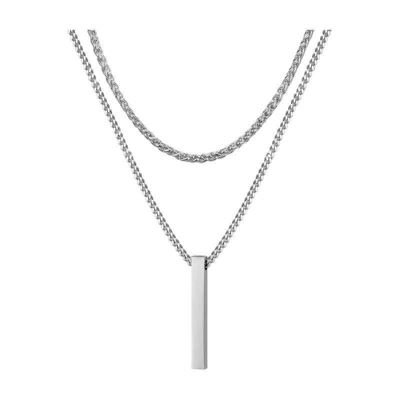 Geometric Vertical Bar Pendant with Layered Chains, Stainless Steel