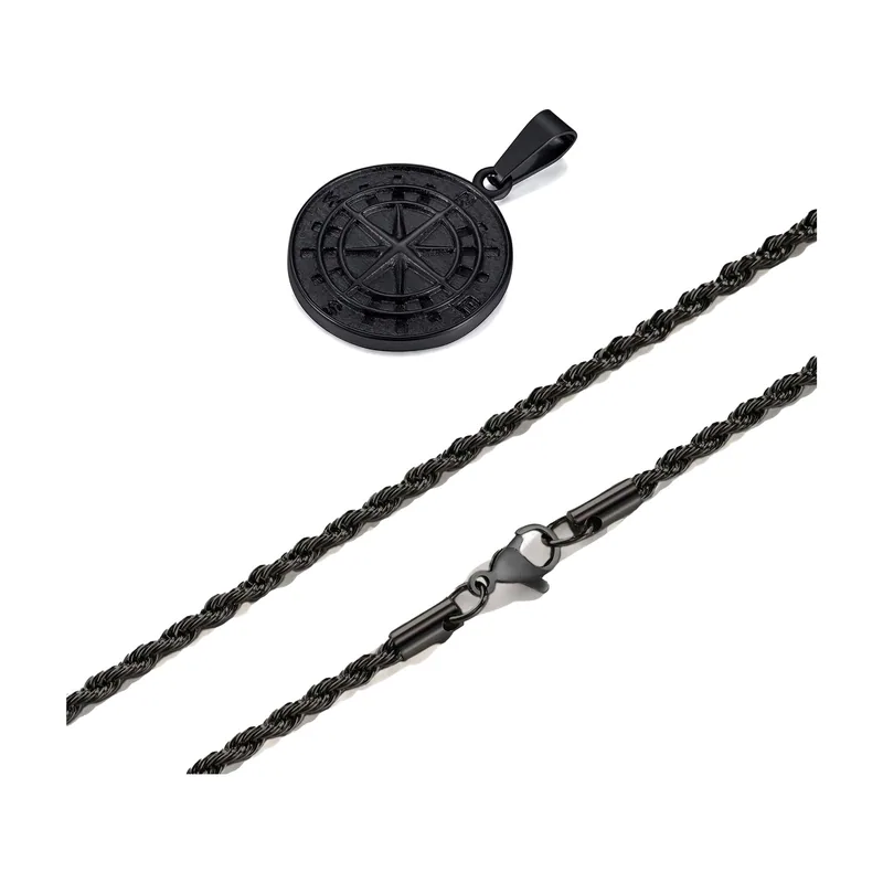 Pendentif Boussole Vegvisir avec Chaîne, Acier Inoxydable