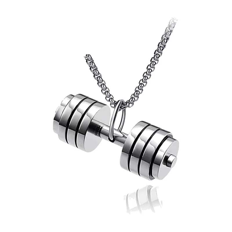 Dumbbell Pendant Necklace with Curb Chain, Stainless Steel