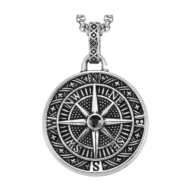 Colgante de Brújula con Circonia y Cadena, Acero Inoxidable