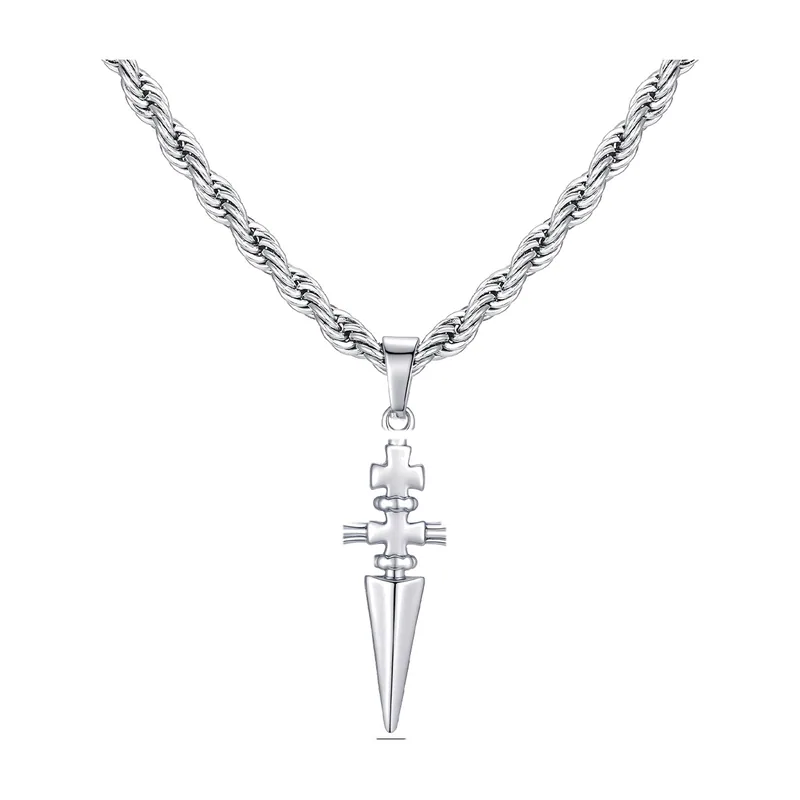 Gothic Cross Pendant with Rope Chain, Stainless Steel