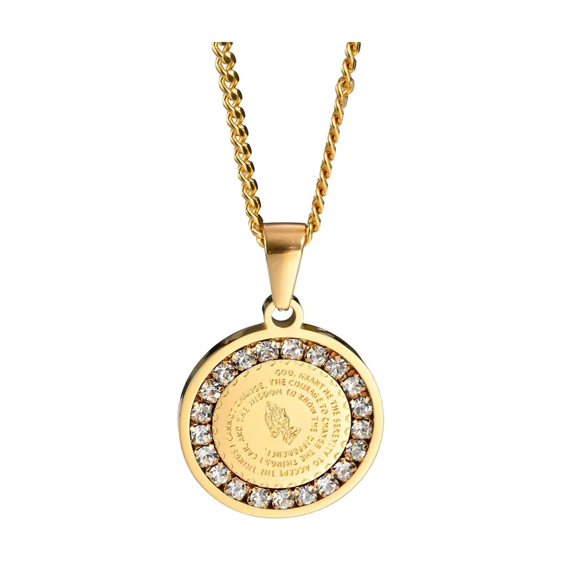 Praying Hands Coin Pendant with Cubic Zirconia, Stainless Steel