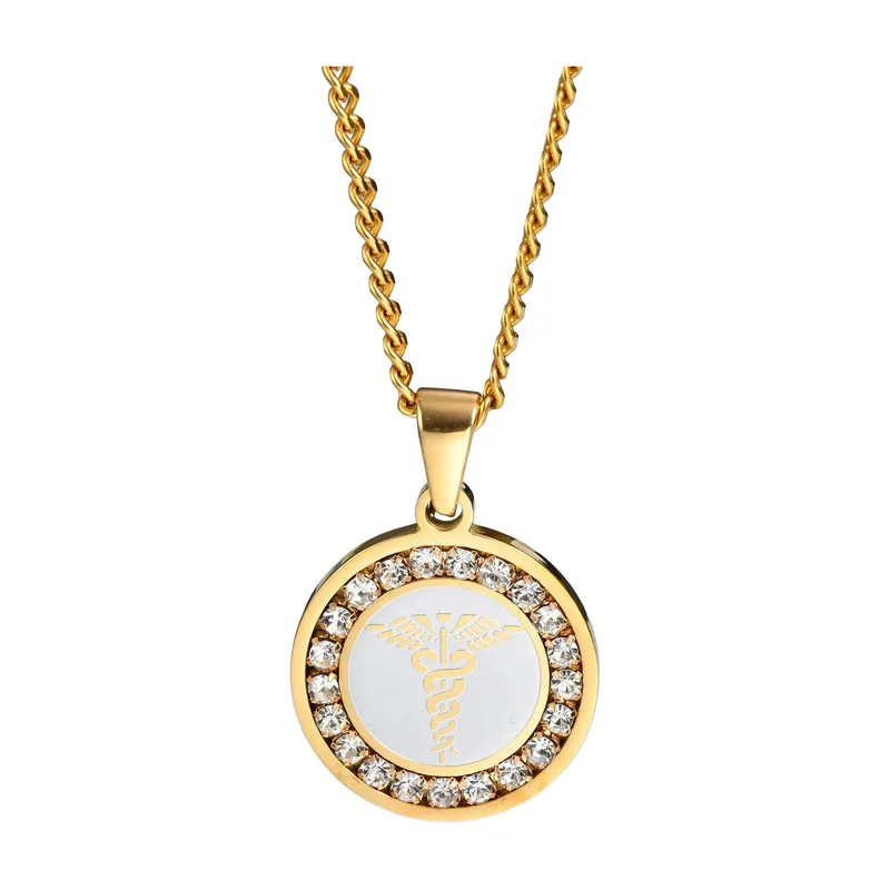Pendentif Caducée avec Zirconia, Acier Inoxydable