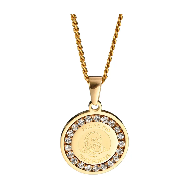 Medaglione di Padre Pio con Zirconia, Acciaio Inossidabile