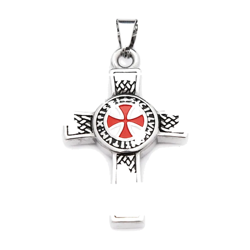 Pendentif Croix des Templiers avec Pierre Rouge, Acier Inoxydable