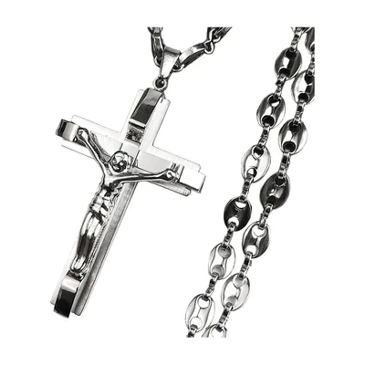 Kruzifix Kreuz Anhänger mit ovaler Gliederkette, Edelstahl
