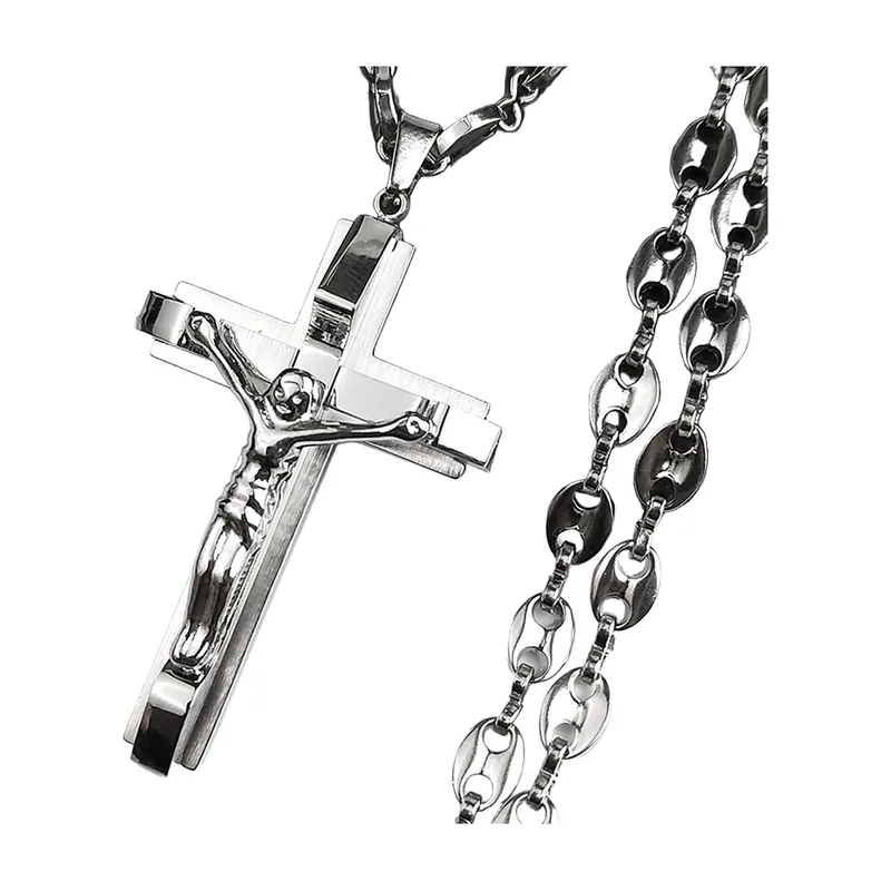 Kruzifix Kreuz Anhänger mit ovaler Gliederkette, Edelstahl