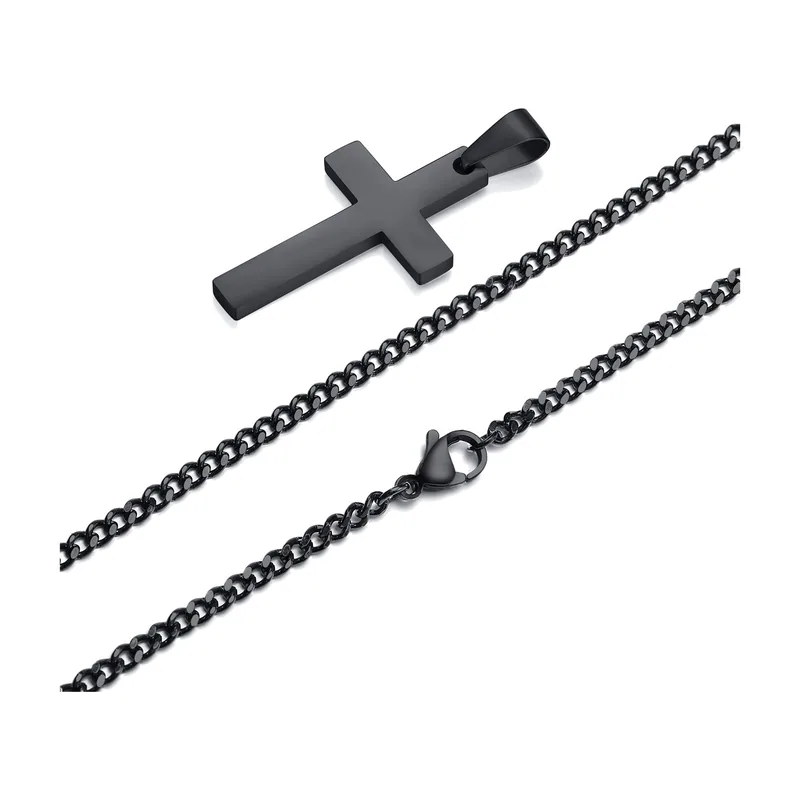 Cross Pendant Necklace with Curb Chain, Stainless Steel