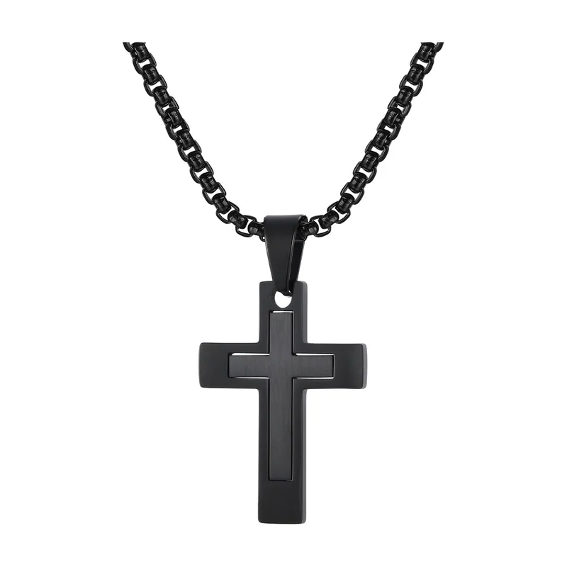 Cross Pendant Necklace with Curb Chain, Stainless Steel