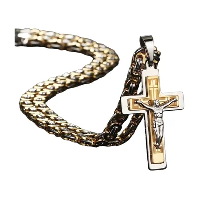 Pendentif Crucifix avec Chaîne Gourmette, Acier Inoxydable