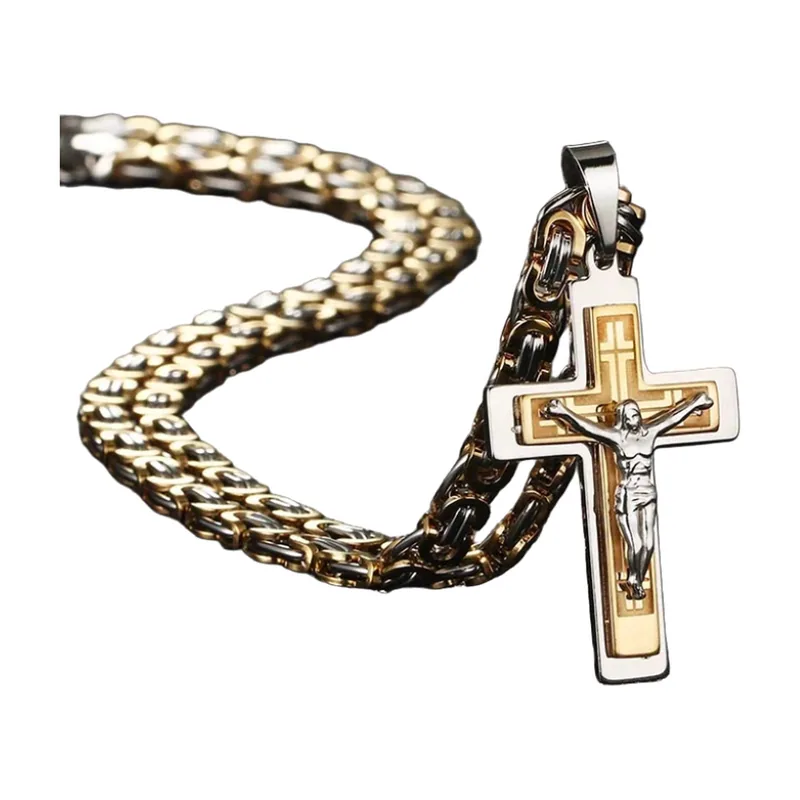 Kruzifix Kreuz Anhänger mit Panjerkette, Edelstahl