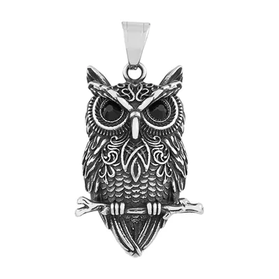 Wikinger Eulen-Anhänger mit schwarzen Zirkonia, Edelstahl