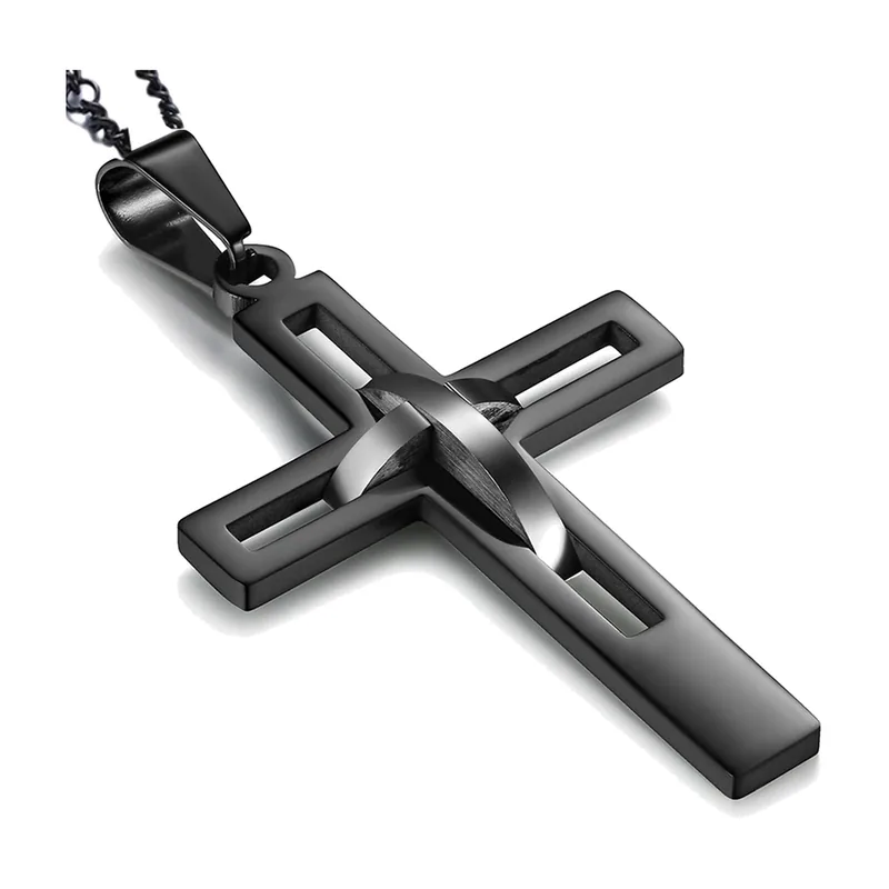 Collier Pendentif Double Croix, Acier Inoxydable Noir